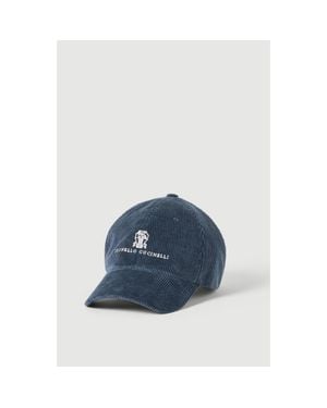 Brunello Cucinelli Comfort Cotton And Cashmere Corduroy Baseball Cap With Embroidered Logo - Blue