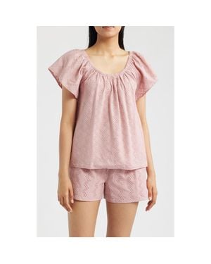 Bobeau Eyelet Embroidered Peasant Top - Pink