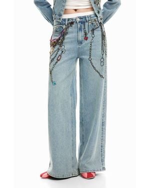 Desigual Chain Embellished Wide Leg Jeans - Blue