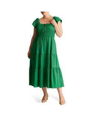 Estelle Alana Smocked Fit & Flare Cotton Tiered Midi Dress - Green