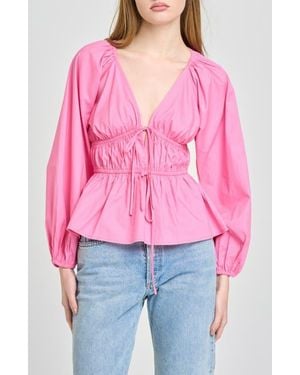 Wayf Jess Drawstring Stretch Cotton Poplin Top - Pink