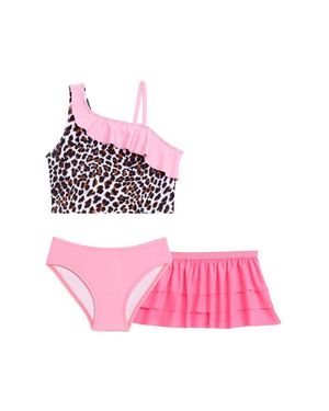 Aqua Green Toddlers 3-Piece Asymmetrical Ruffle Bikini Coverup Set - Pink