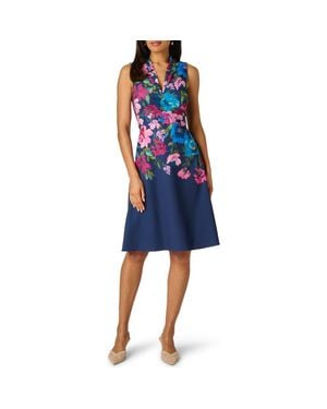 Adrianna Papell Floral V-Neck Twill Dress - Blue
