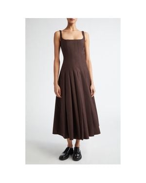 Emilia Wickstead Odulia Pleated Square Neck Wool Dress - Brown