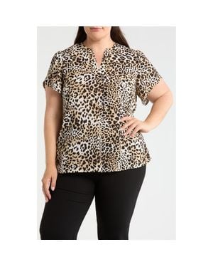 Anne Klein Leopard Print Tulip Sleeve Popover Top - Black
