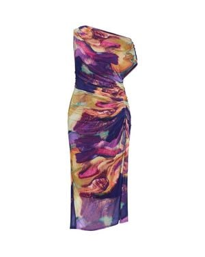 City Chic Abstract Floral One-Shoulder Mesh Dress - Purple
