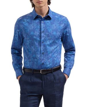 Bugatchi Julian Shaped Fit Floral Stretch Cotton Button-Up Shirt - Blue