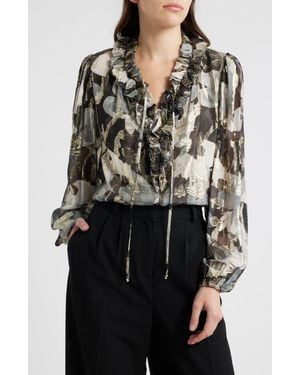 Kobi Halperin Boden Metallic Floral Tie Neck Silk Blend Top - Multicolor