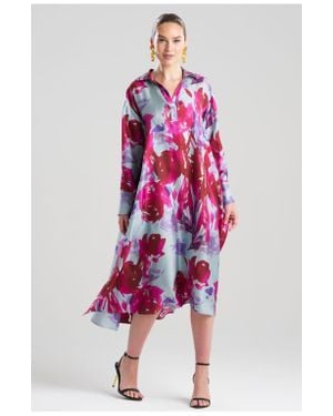 Natori Mira Silk Twill Oversized Shirt Dress - Red