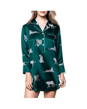 Petite Plume Panther Print Piped Mulberry Silk Nightshirt - Green