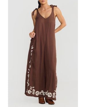 Talisman the Label Temple Embroidered Wide Leg Jumpsuit - Brown