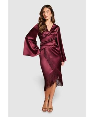 Coast Satin Fringe Hem Wrap Waist Midi Dress - Red