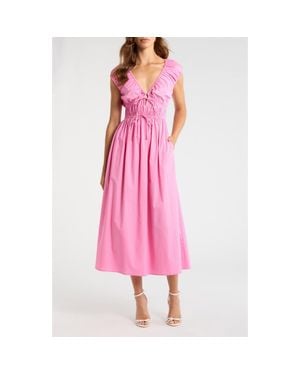 Wayf Liv Ruched Stretch Cotton Poplin Midi Dress - Pink
