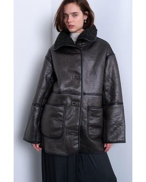 TOPSHOP Oversize Faux Leather Car Coat With Faux Shearling Lining - Gray