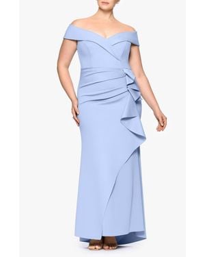 Xscape Evenings Off The Shoulder Ruffle Scuba Knit Gown - Blue