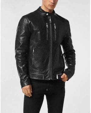 Philipp Plein Leather Moto Jacket - Black