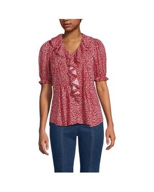Lands' End Puff Sleeve Slub Ruffle Pintuck Top - Red
