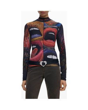 Desigual Long Sleeve Lip Print Top - Blue
