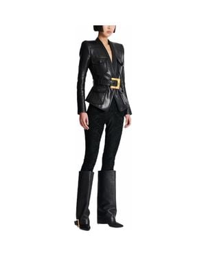 Balmain 1-Button Belted Leather Jacket - Black