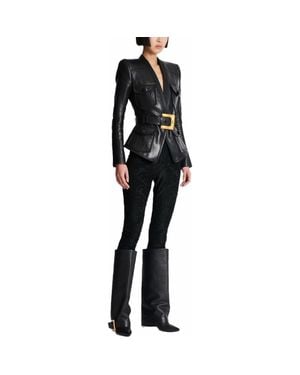 Balmain 1-Button Belted Leather Jacket - Black