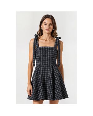 Modenaire Plaid Mini Dress With Tie-Strap Shoulders And Square Neckline - Black