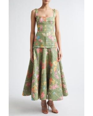 Lela Rose Floral Raffia Square Neck Midi Dress - Green