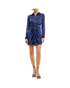 Endless Rose Ruched Long Sleeve Satin Shirtdress - Blue