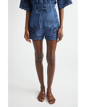 Zimmermann Aster Paisley Embroidered Denim Shorts - Blue