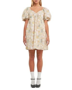 Free the Roses Patchwork Puff Sleeve Babydoll Dress - Natural