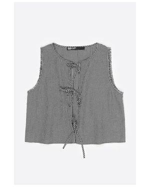 Bimba Y Lola Checked Top With Bows And Frayed Details - Gray