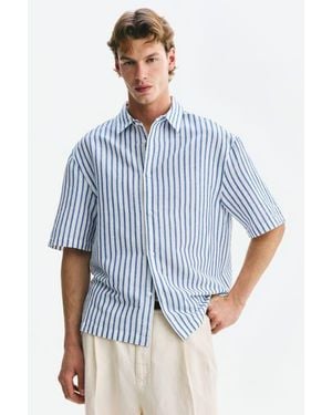 H&M Relaxed Fit Short-Sleeved Linen-Blend Shirt - Blue