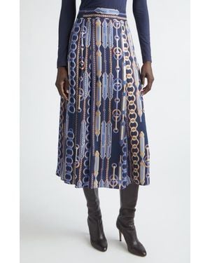 St. John Heritage Chain Bridle Print Pleated Midi Skirt - Blue