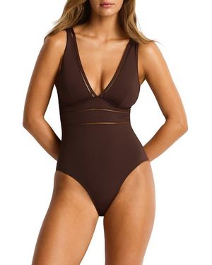Sea Level Spliced Plunge One-Piece - Brown