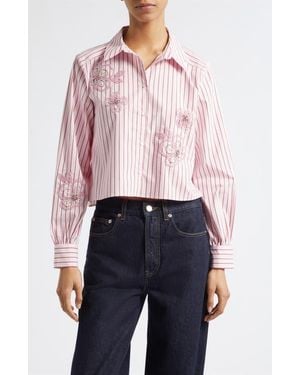 Cinq À Sept Rose Stripe Beaded Flower Button-Up Shirt - Blue