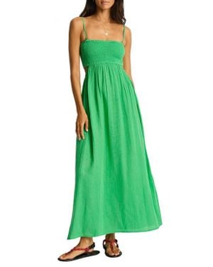 Sea Level Smocked Bodice Cotton Seersucker Cover-Up Dress - Green