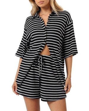 Petal & Pup Linnea Stripe Cotton Knit Button-Up Shirt & Shorts Set - Black