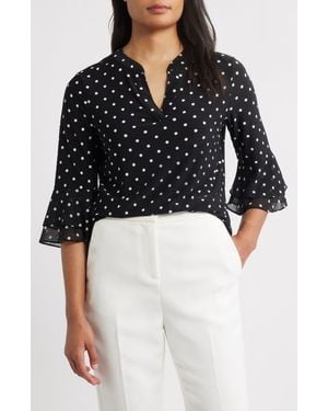 Kasper Polka Dot Flutter Sleeve Top - Black