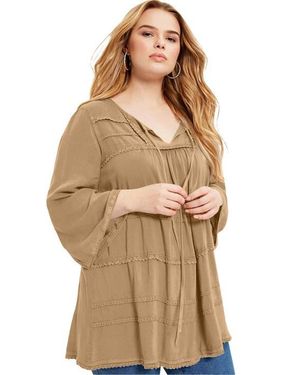 June + Vie Acid Wash Peasant Blouse - Natural