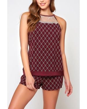 iCollection Geometric Print Lace Halter Cami & Shorts Pajama Set - Red