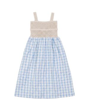 Lola Checkered Flower Embroidery Crochet Bodice Maxi Sweater - Blue