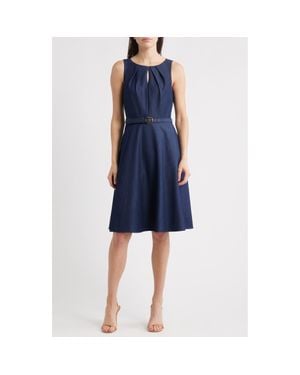 Tahari Sleeveless Belted Fit & Flare Dress - Blue