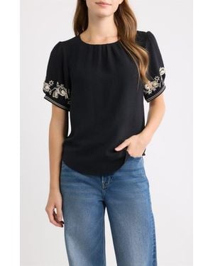 Bobeau Embroidered Sleeve Peasant Top - Black