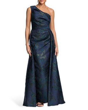 Xscape Evenings One-Shoulder Jacquard Gown - Blue