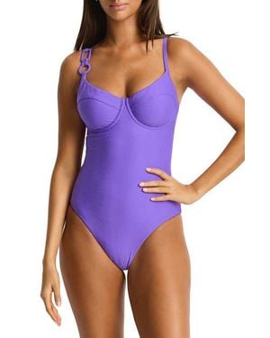 Sea Level Zen Textured Balconette Underwire One-Piece Swimsuit - Purple