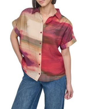 DKNY Abstract Print Textured Short Sleeve Button-Up Shirt