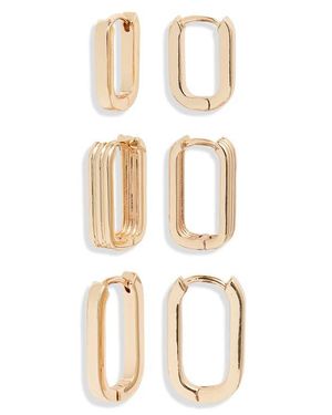 Open Edit Set Of 3 Rectangle Huggie Hoop Earrings - Natural