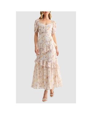 Mila + Mate Floral Pleat Detail Ruffled Maxi Dress - Natural