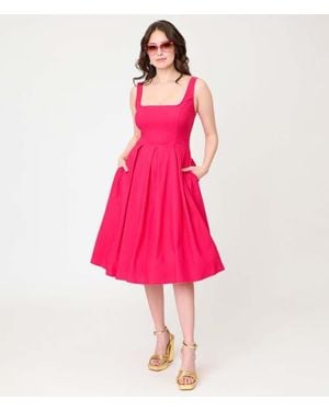 Unique Vintage Square Neck Pleated Swing Dress - Pink