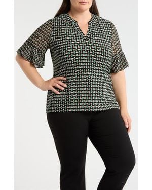 Anne Klein Geo Pattern Split Neck Knit Top - Black