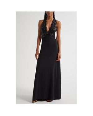 Ramy Brook Chantal Plunge Neck Mixed Media Gown - Black